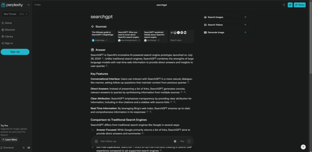 Perplexity AI displays Searchgpt meaning